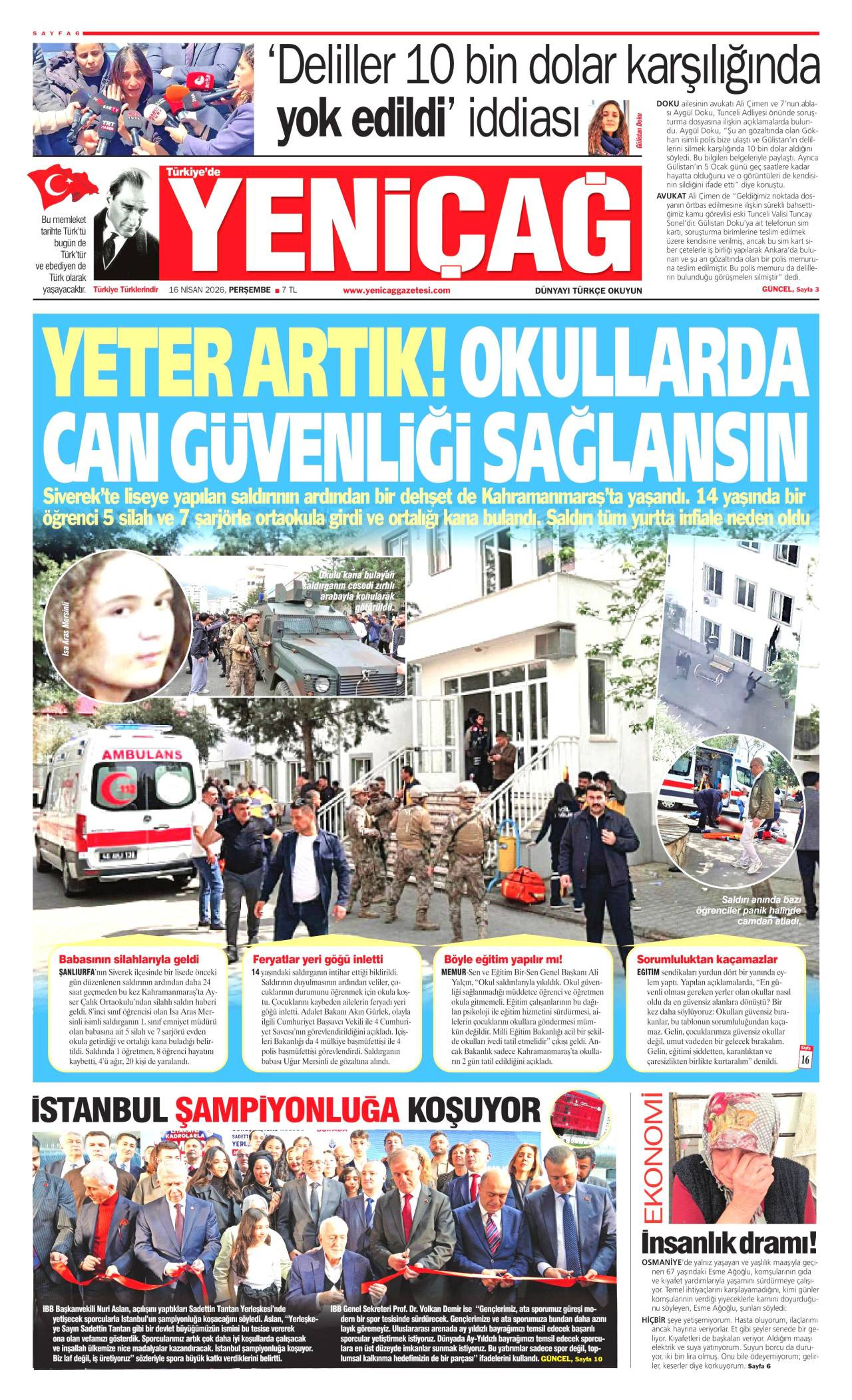 Yeniçağ Gazetesi Gazete Manşeti